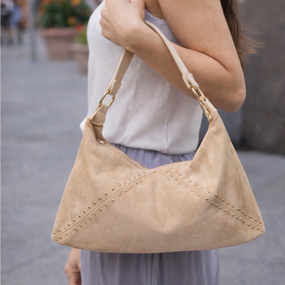 Beige Suede Hobo Bag with Stud Detail - Women's Shoulder Bag